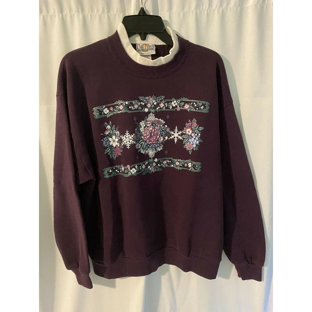 Vintage Winter Flowers Snowflake Day Breeze Sweatshirt Adult Large Made in USA‎